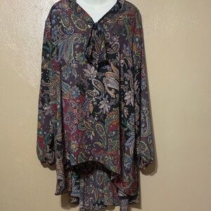 Cha Cha Vente 2X Purple Black Paisley Tie-Neck Tunic in Black Multi Hi Low